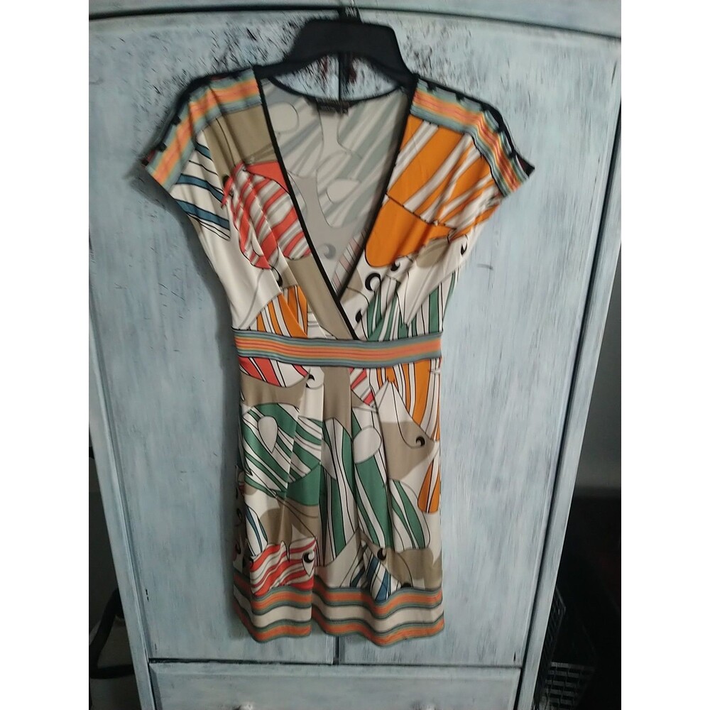 Bcbg V neck Knee Length Dress Xs Multicolor Beachy Boho vintage Y2K